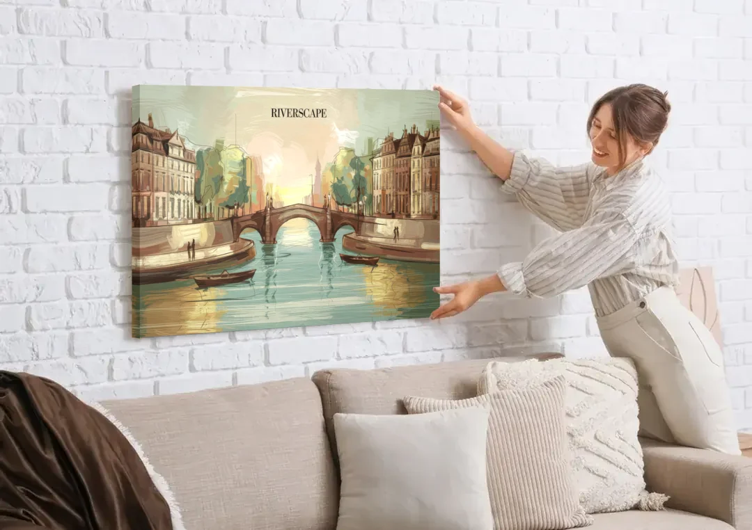 Glendale Urban Serenity canvas wall art being hung on a white brick wall above a sofa