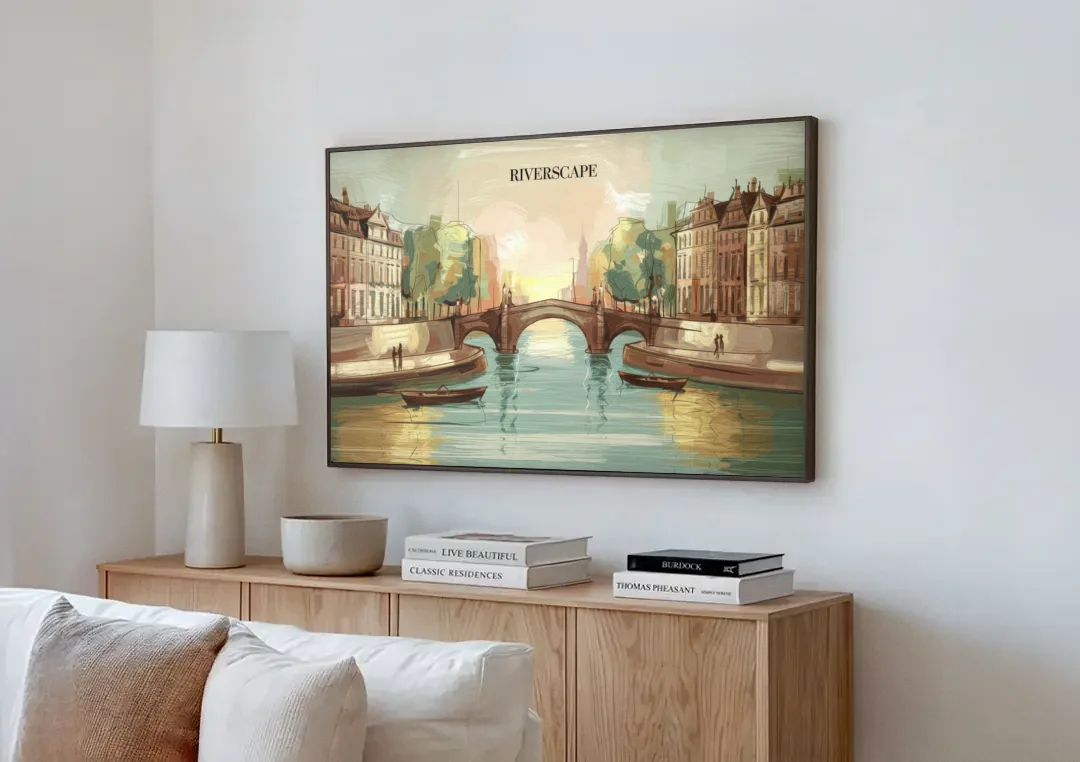 Glendale Urban Serenity canvas wall art above a wooden sideboard next to a sofa