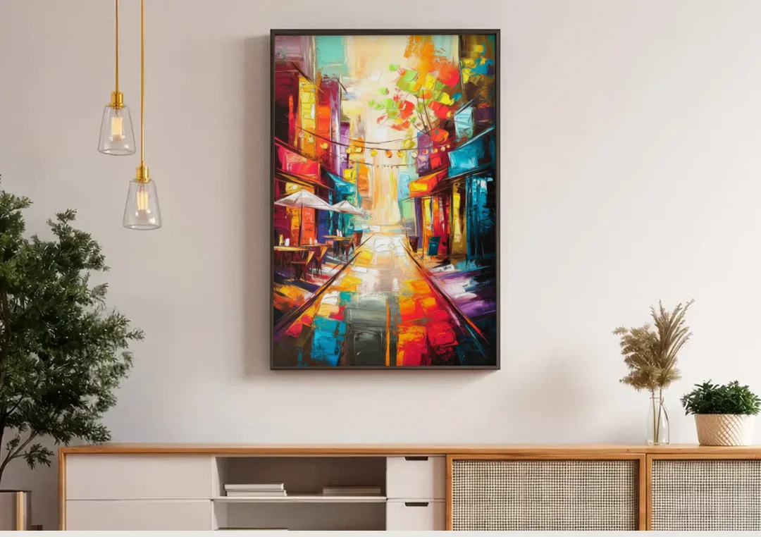Glendale Vibrant Streetscape canvas wall art above a wooden sideboard under pendant lights