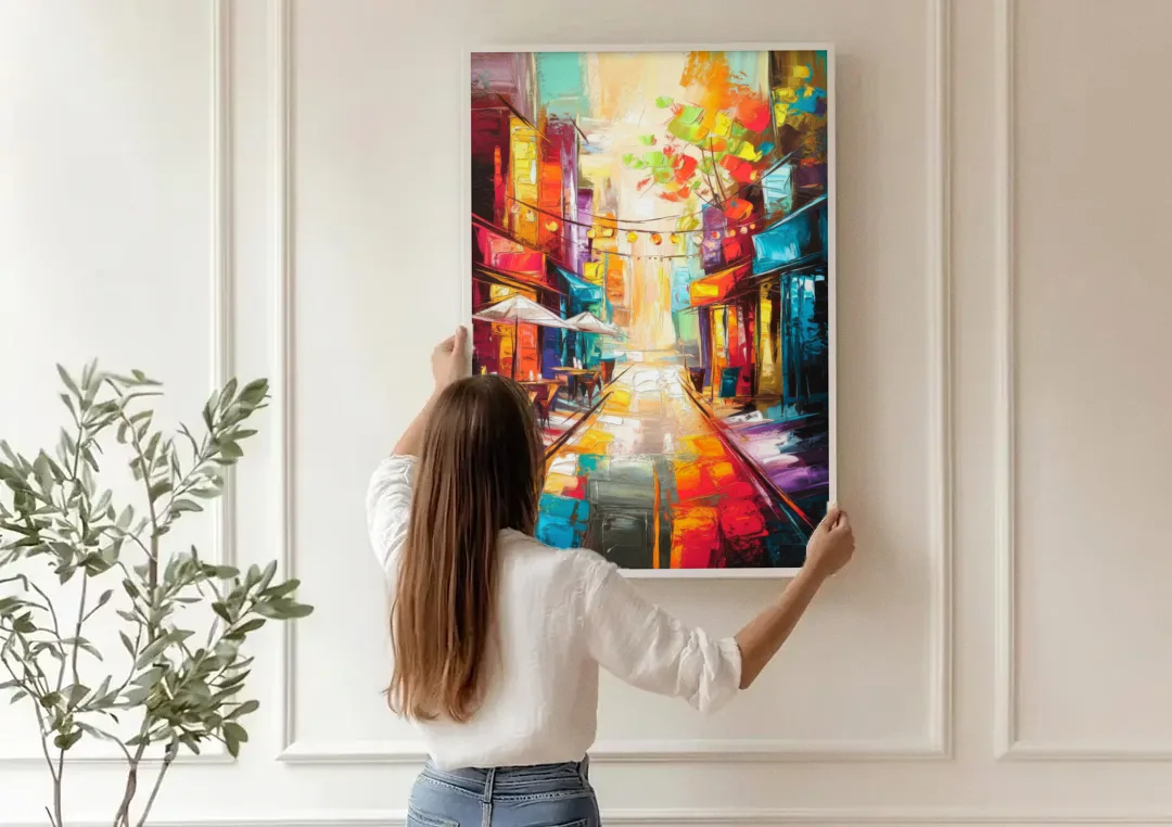Glendale Vibrant Streetscape canvas wall art being hung on a paneled wall