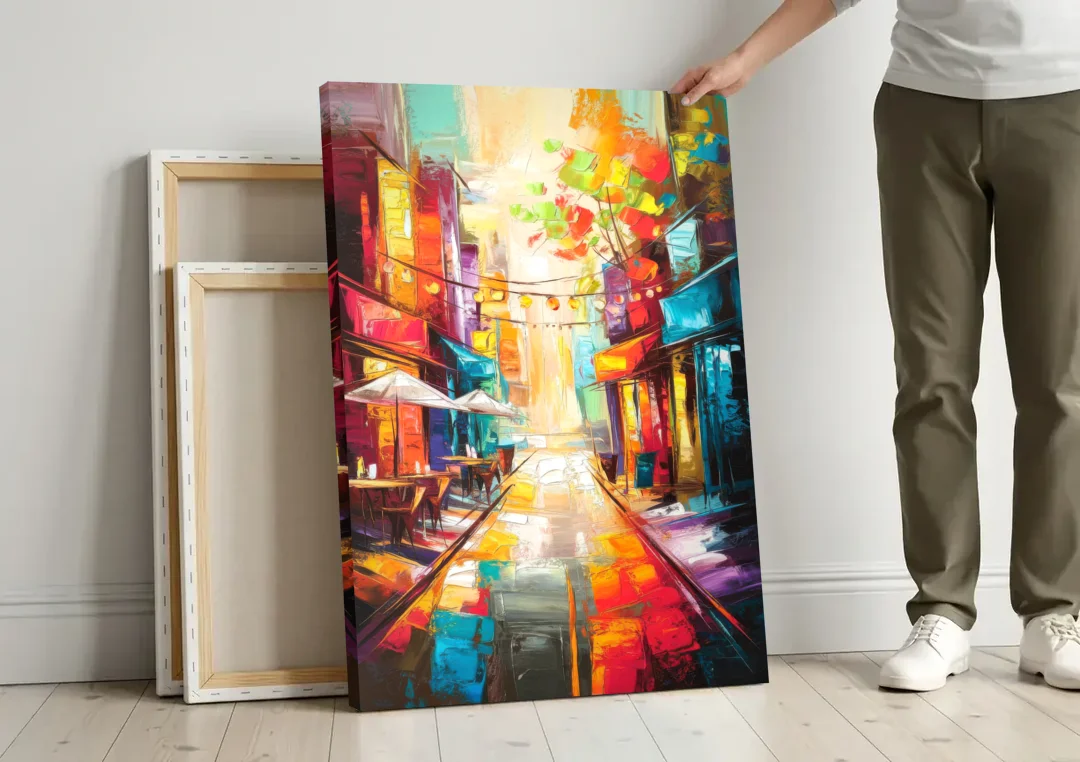 Glendale Vibrant Streetscape canvas wall art leaning against a wall next to blank canvases