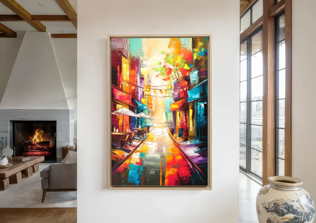 Glendale Vibrant Streetscape canvas wall art in a living room with a fireplace