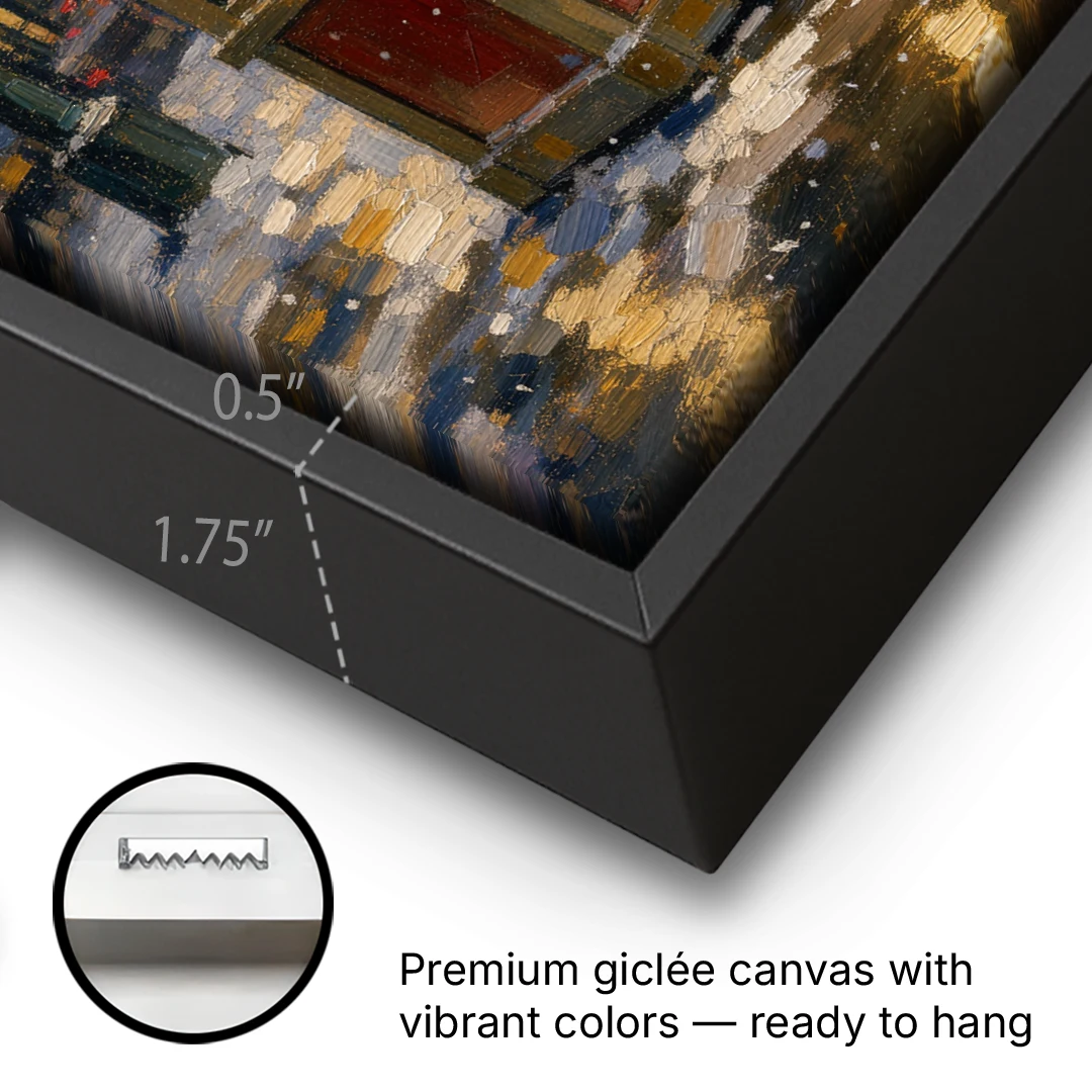 Glowing Ticket Booth on a Snowy Night - Black Framed Canvas Wall Art - Gallery Wrap Corner