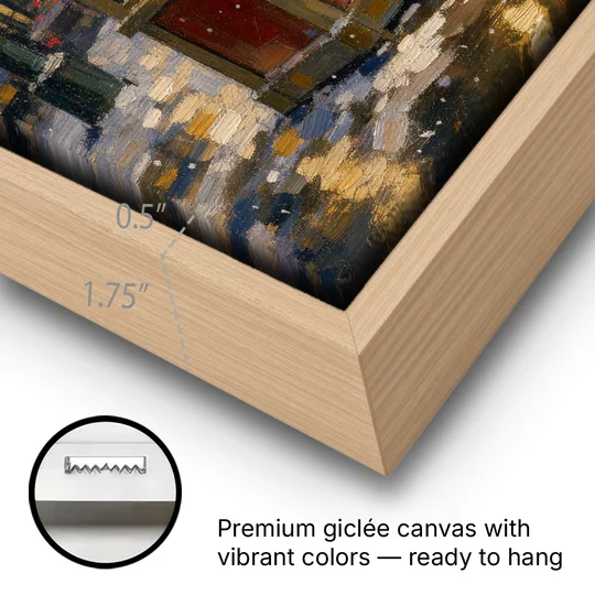 Glowing Ticket Booth on a Snowy Night - Oak Framed Canvas Wall Art - Gallery Wrap Corner