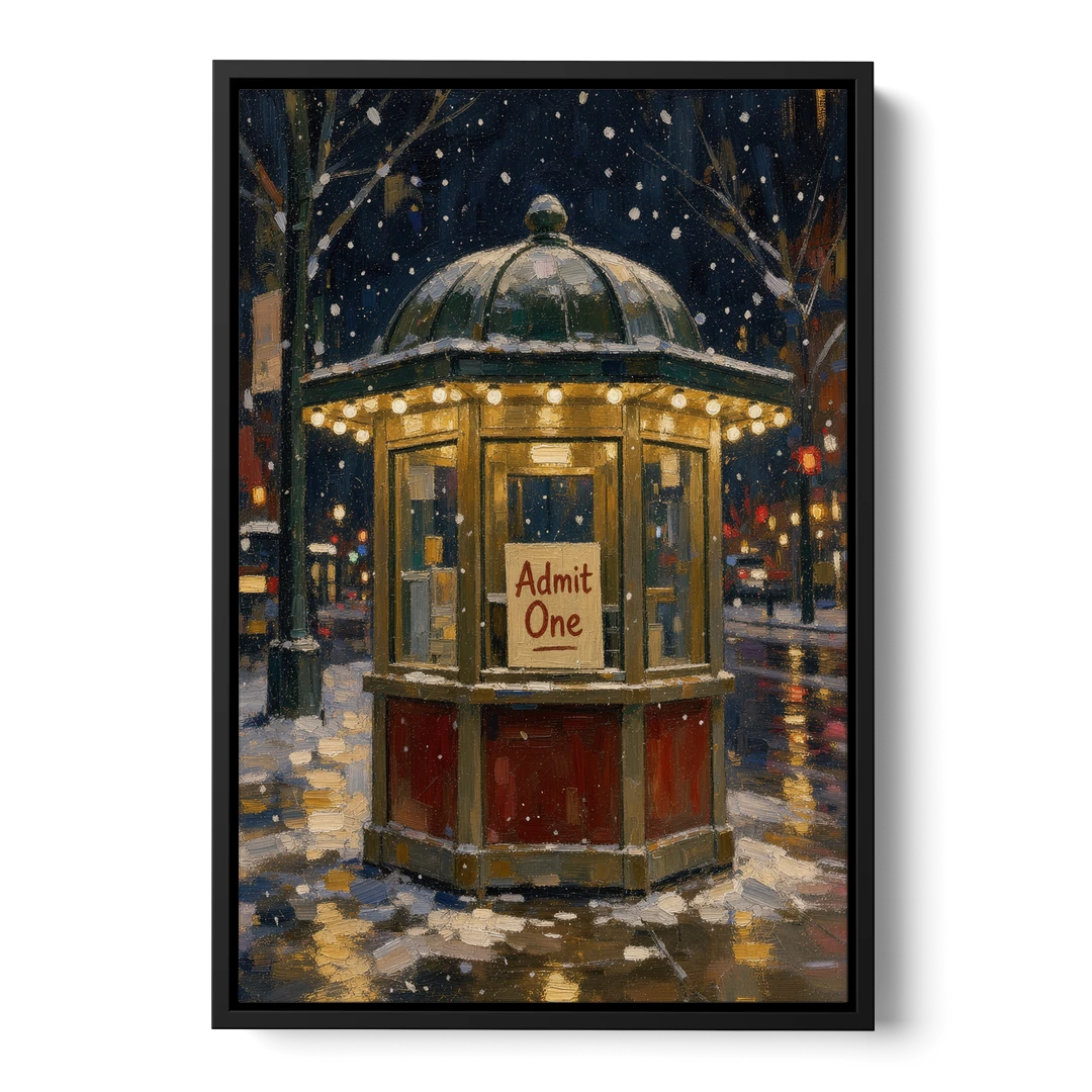 Glowing Ticket Booth on a Snowy Night - Black Framed Canvas Wall Art - Front