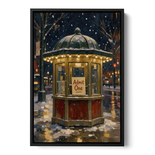 Glowing Ticket Booth on a Snowy Night - Black Framed Canvas Wall Art - Front
