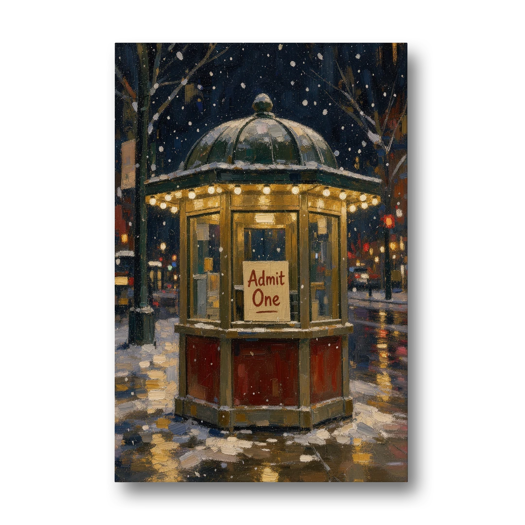 Glowing Ticket Booth on a Snowy Night - Canvas Wall Art - Front