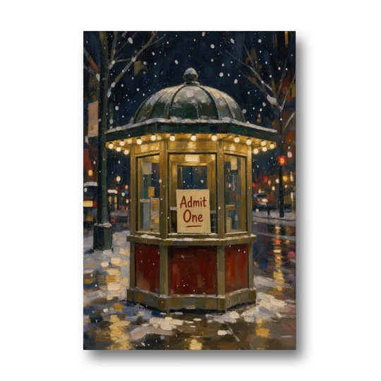Glowing Ticket Booth on a Snowy Night - Canvas Wall Art - Front