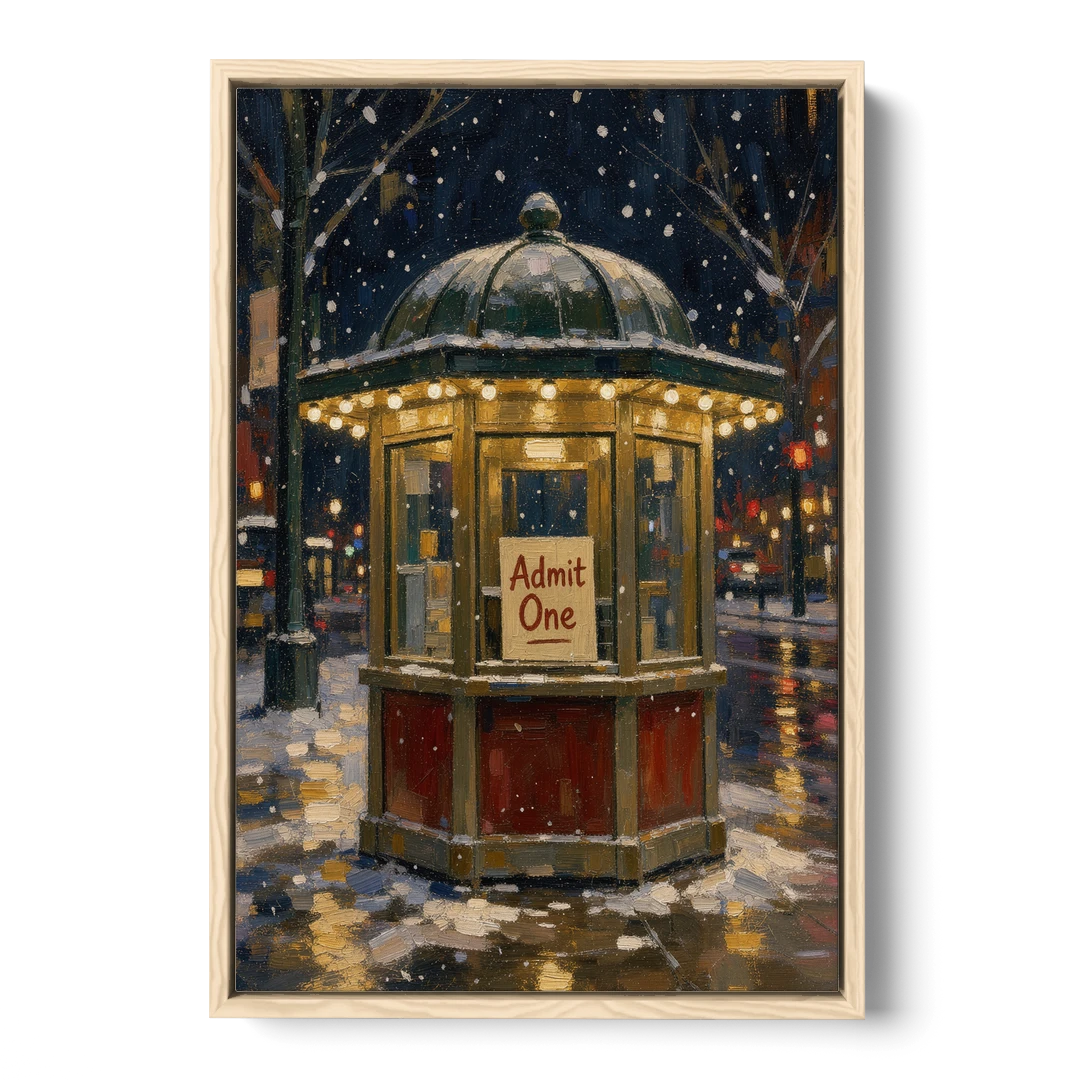 Glowing Ticket Booth on a Snowy Night - Oak Framed Canvas Wall Art - Front