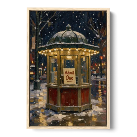 Glowing Ticket Booth on a Snowy Night - Oak Framed Canvas Wall Art - Front