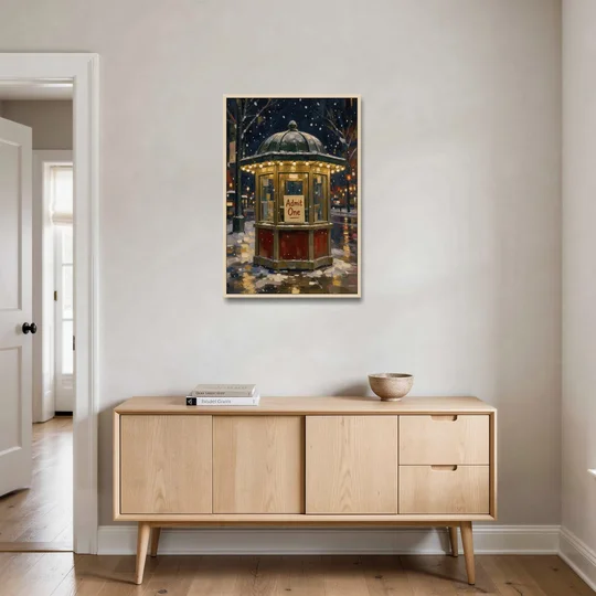 Glowing Ticket Booth on a Snowy Night - Oak Framed Canvas Wall Art - Coffee Table - 24x36