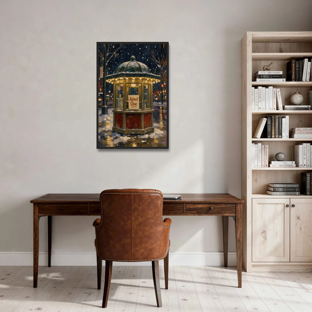 Glowing Ticket Booth on a Snowy Night - Black Framed Canvas Wall Art - Office - 24x36