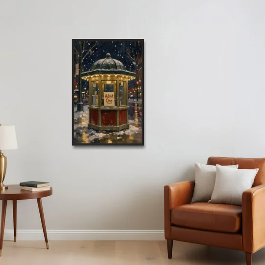Glowing Ticket Booth on a Snowy Night - Black Framed Canvas Wall Art - Sofa - 24x36