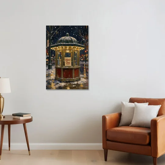 Glowing Ticket Booth on a Snowy Night - Canvas Wall Art - Sofa - 24x36