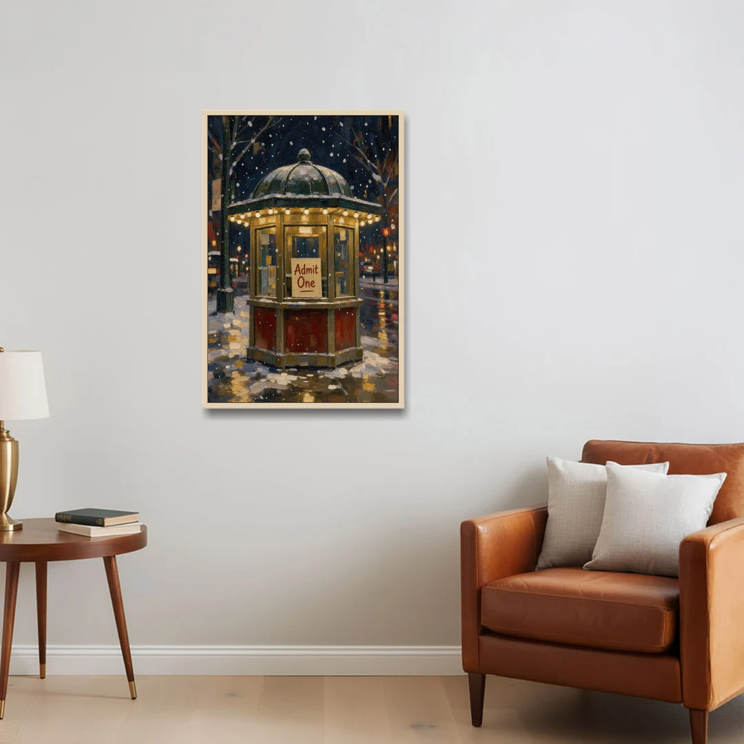 Glowing Ticket Booth on a Snowy Night - Oak Framed Canvas Wall Art - Sofa - 24x36