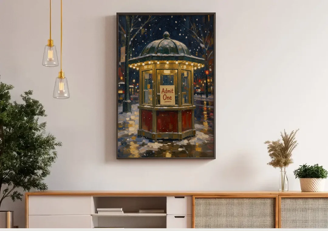 Glowing Ticket Booth on a Snowy Night canvas wall art above a wooden sideboard under pendant lights