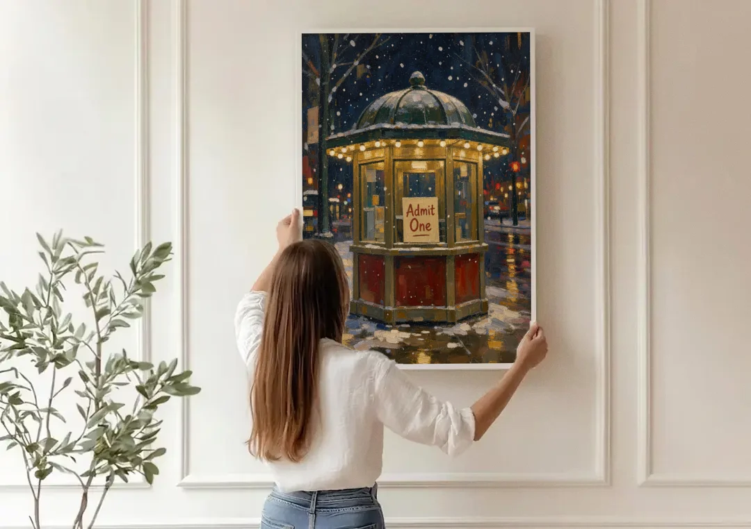 Glowing Ticket Booth on a Snowy Night canvas wall art being hung on a paneled wall