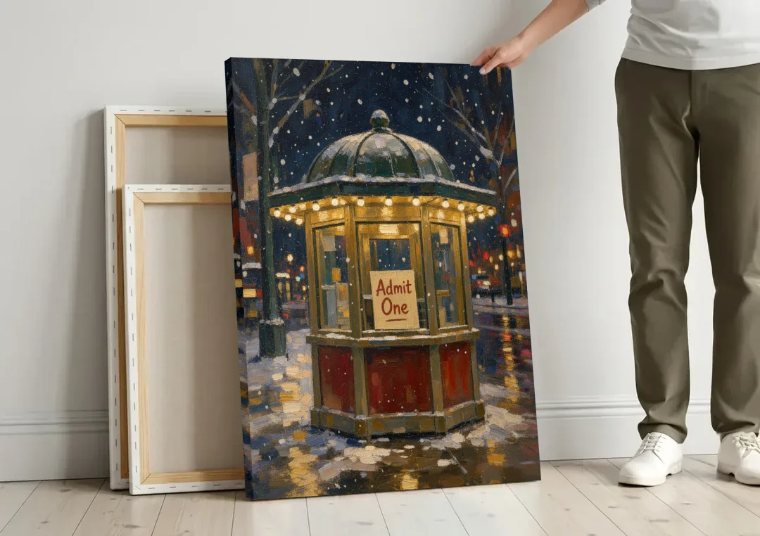 Glowing Ticket Booth on a Snowy Night canvas wall art leaning against a wall next to blank canvases