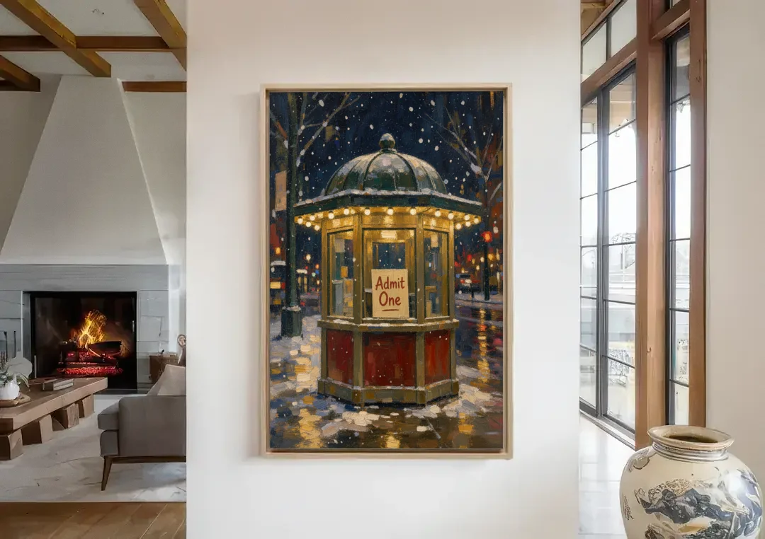 Glowing Ticket Booth on a Snowy Night canvas wall art in a living room with a fireplace