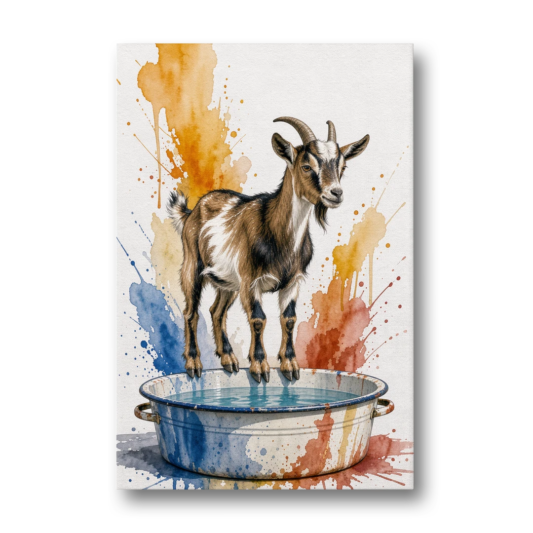 Goat Balancing on the Washtub Rim - Canvas Wall Art - Front