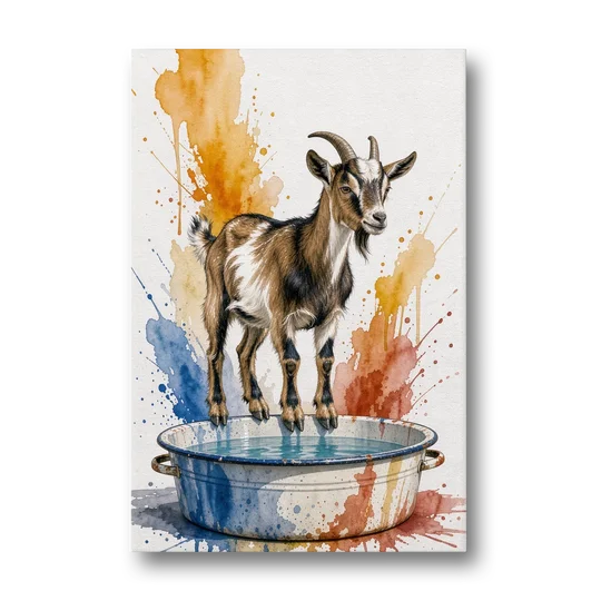 Goat Balancing on the Washtub Rim - Canvas Wall Art - Front