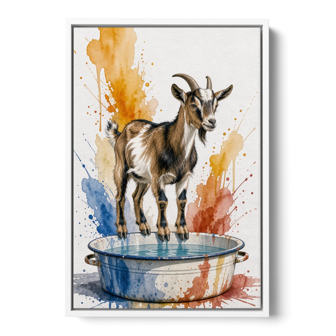 Goat Balancing on the Washtub Rim - White Framed Canvas Wall Art - Front