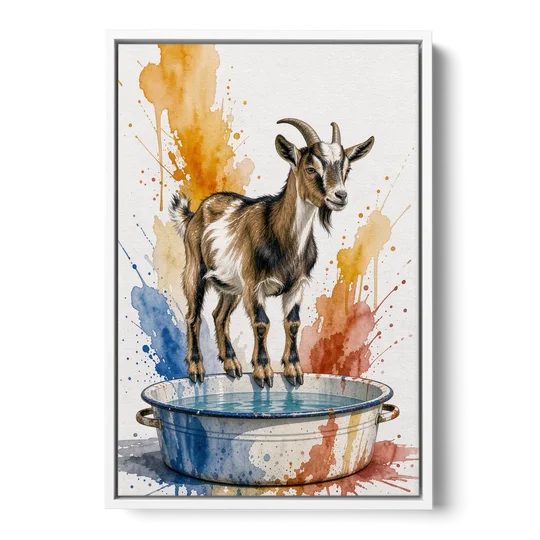 Goat Balancing on the Washtub Rim - White Framed Canvas Wall Art - Front