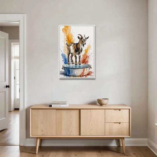 Goat Balancing on the Washtub Rim - White Framed Canvas Wall Art - Coffee Table - 24x36
