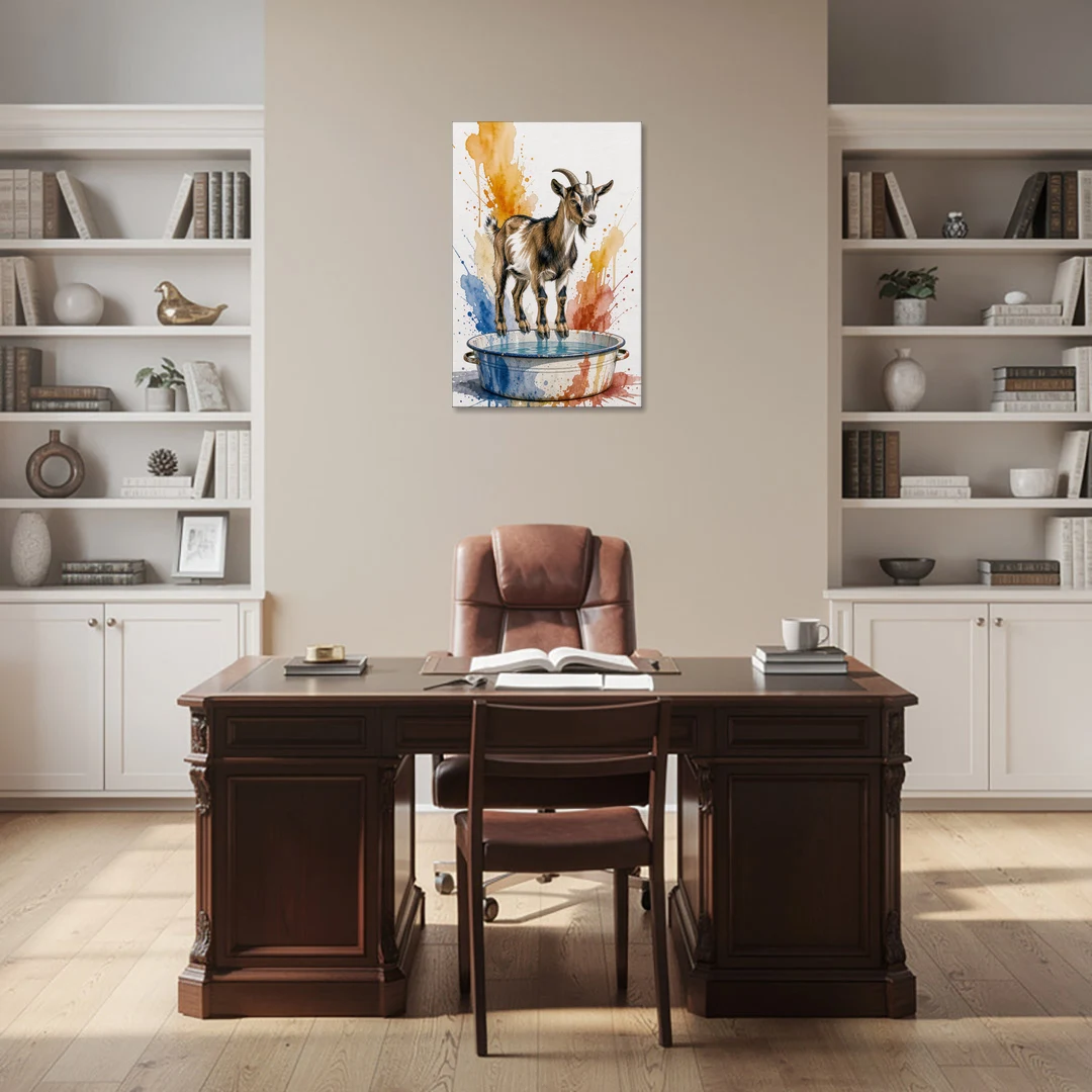 Goat Balancing on the Washtub Rim - Canvas Wall Art - Office - 24x36