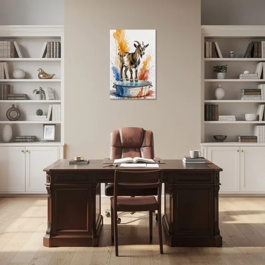 Goat Balancing on the Washtub Rim - Canvas Wall Art - Office - 24x36