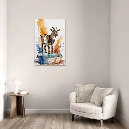 Goat Balancing on the Washtub Rim - Canvas Wall Art - Sofa - 24x36