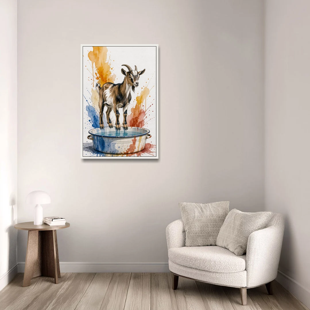 Goat Balancing on the Washtub Rim - White Framed Canvas Wall Art - Sofa - 24x36