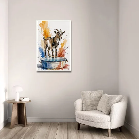 Goat Balancing on the Washtub Rim - White Framed Canvas Wall Art - Sofa - 24x36