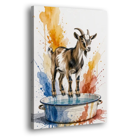 Goat Balancing on the Washtub Rim - Canvas Wall Art - Side