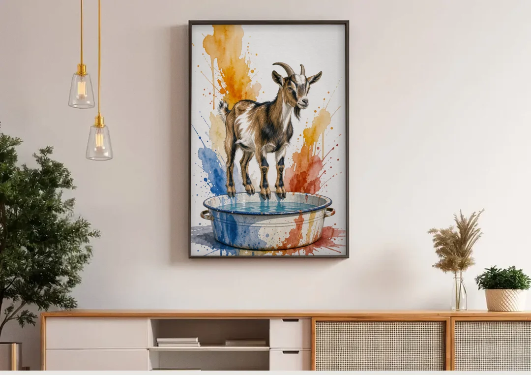 Goat Balancing on the Washtub Rim canvas wall art above a wooden sideboard under pendant lights