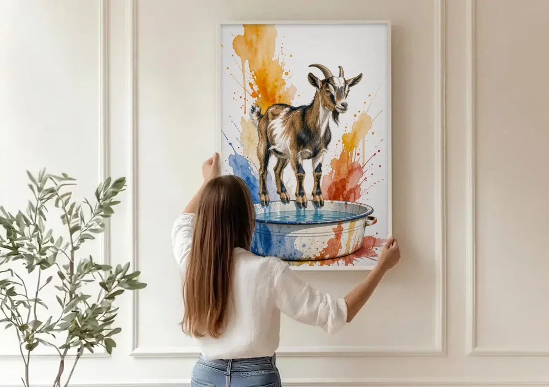 Goat Balancing on the Washtub Rim canvas wall art being hung on a paneled wall