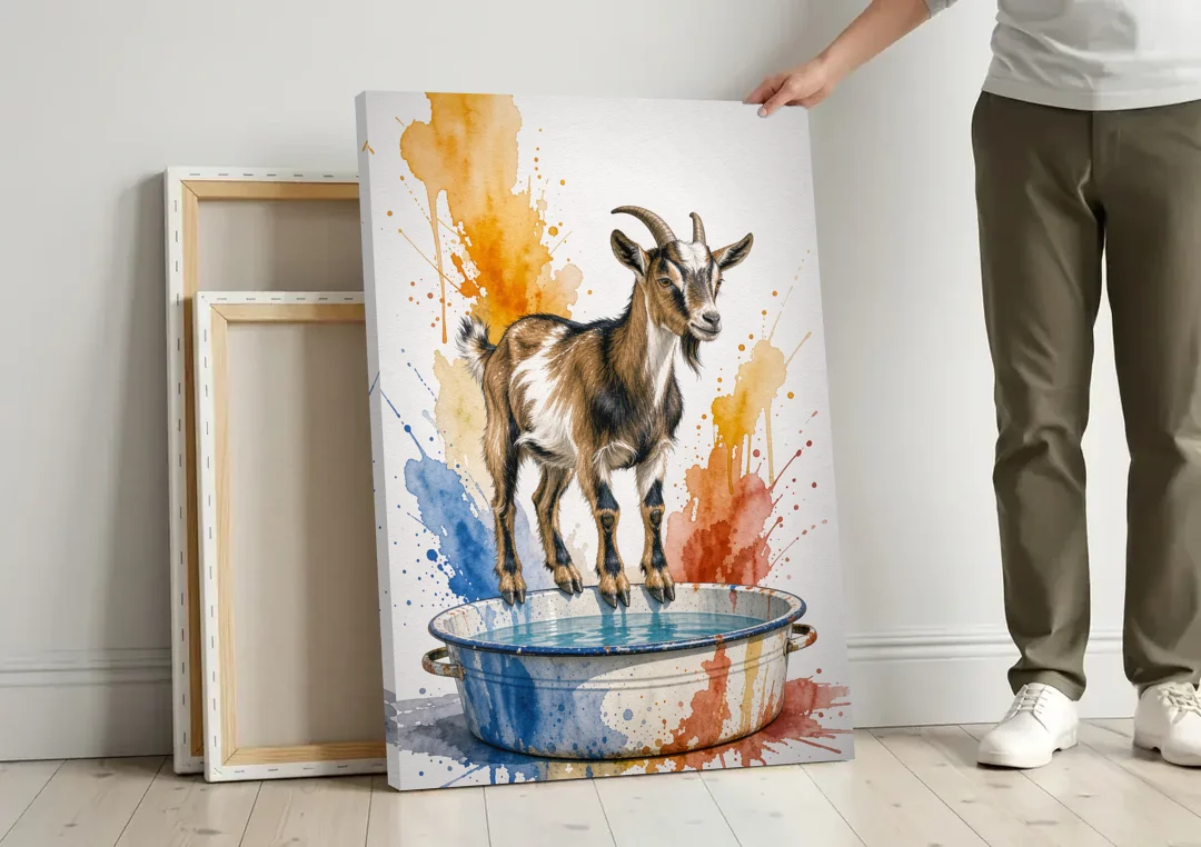 Goat Balancing on the Washtub Rim canvas wall art leaning against a wall next to blank canvases