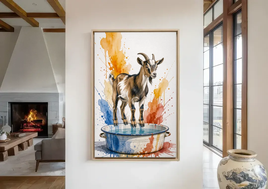 Goat Balancing on the Washtub Rim canvas wall art in a living room with a fireplace