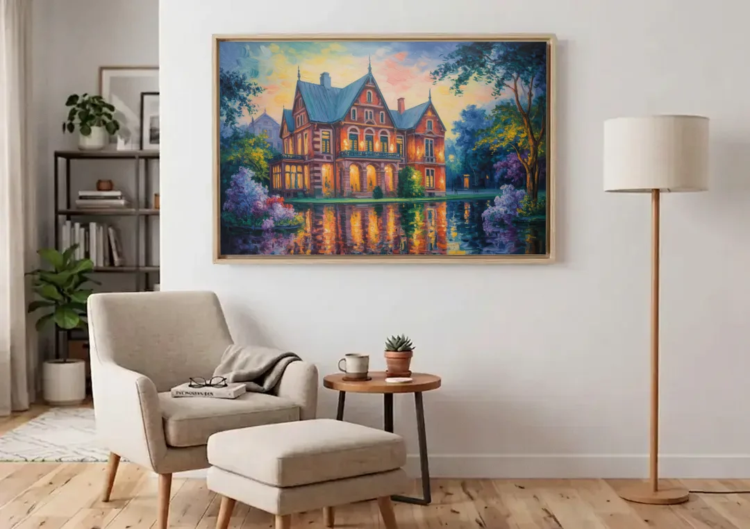 Goethe House Heritage canvas wall art above an armchair in a bright living room