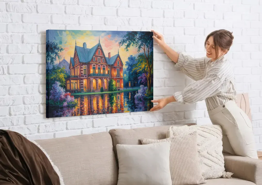 Goethe House Heritage canvas wall art being hung on a white brick wall above a sofa