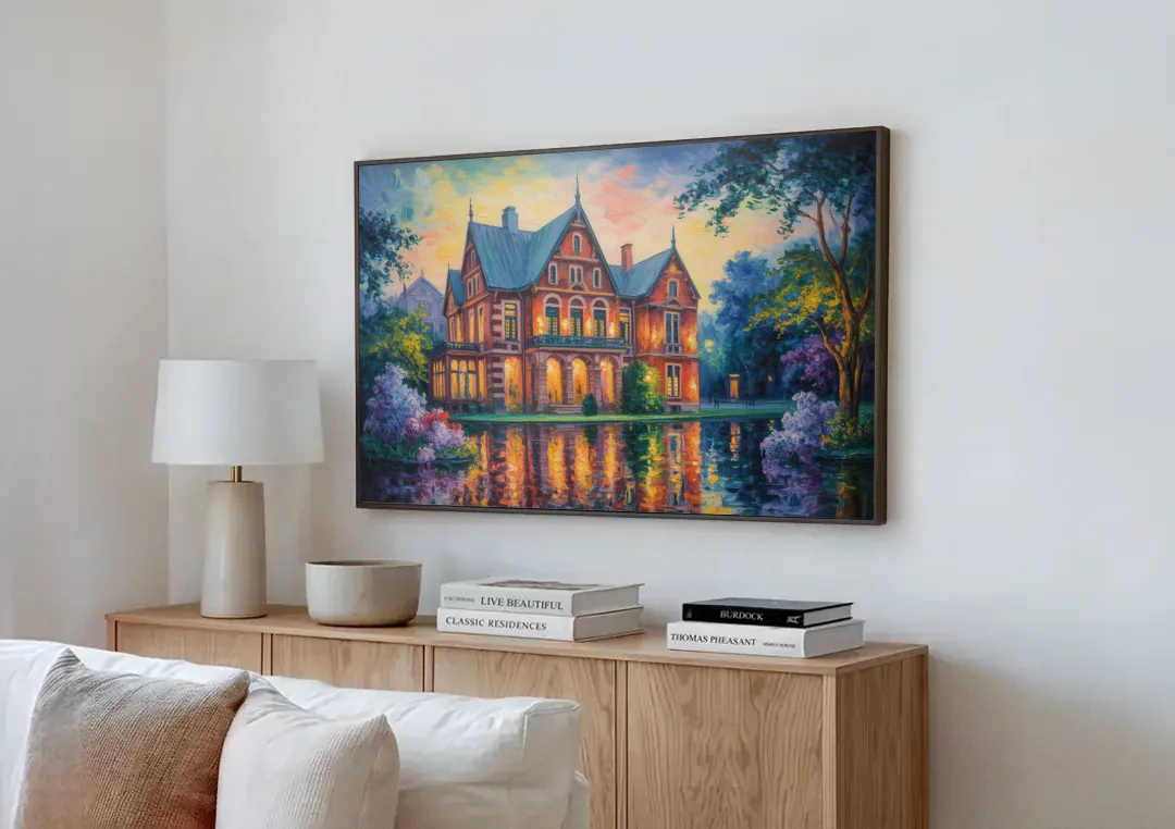 Goethe House Heritage canvas wall art above a wooden sideboard next to a sofa