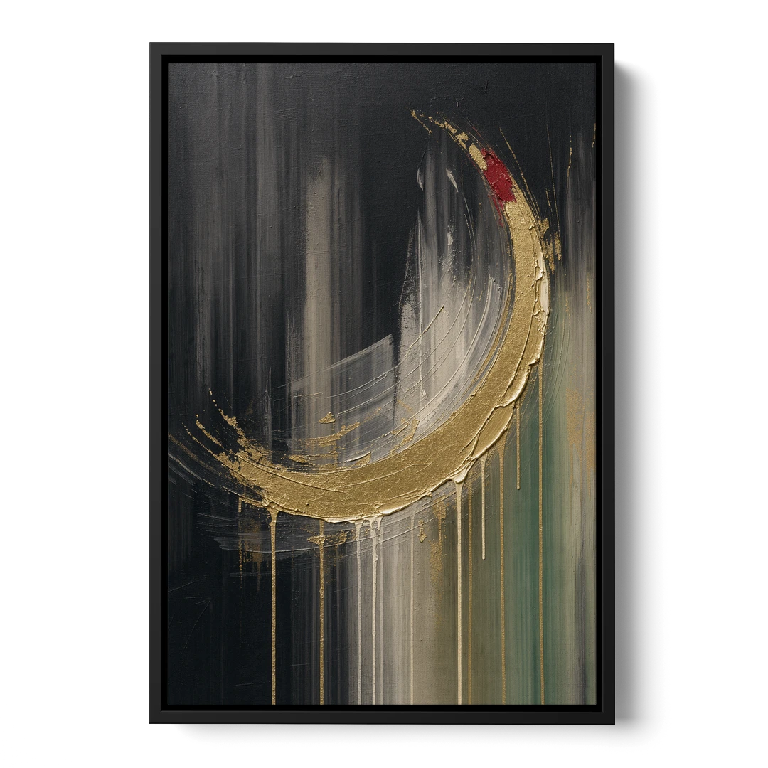 Gold Abstract Crimson-Tipped Crescent - Black Framed Canvas Wall Art - Front