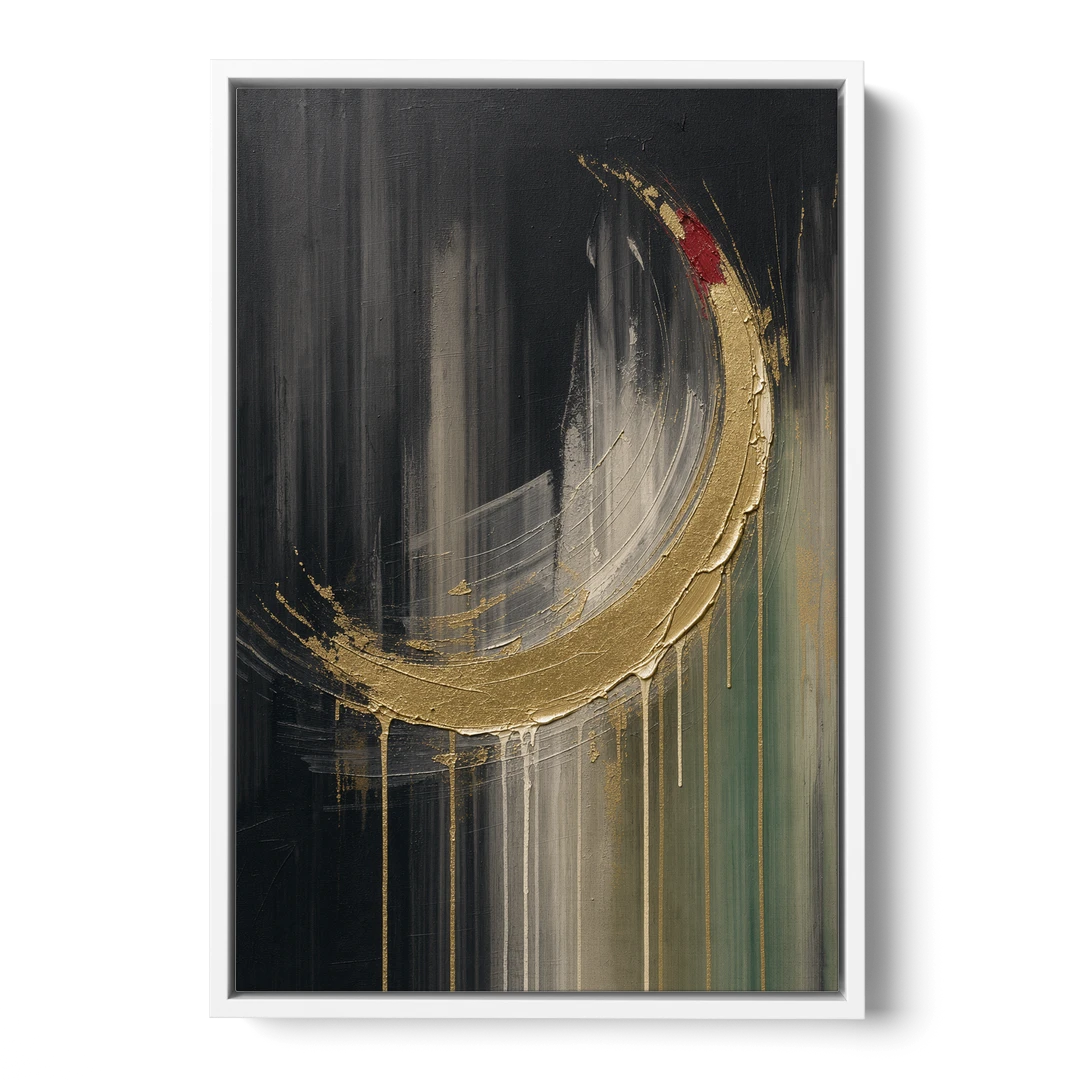 Gold Abstract Crimson-Tipped Crescent - White Framed Canvas Wall Art - Front