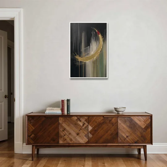Gold Abstract Crimson-Tipped Crescent - White Framed Canvas Wall Art - Coffee Table - 24x36