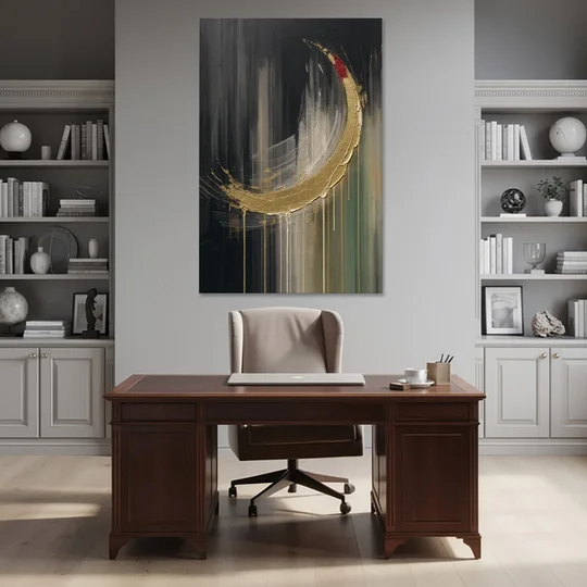 Gold Abstract Crimson-Tipped Crescent - Canvas Wall Art - Office - 40x60