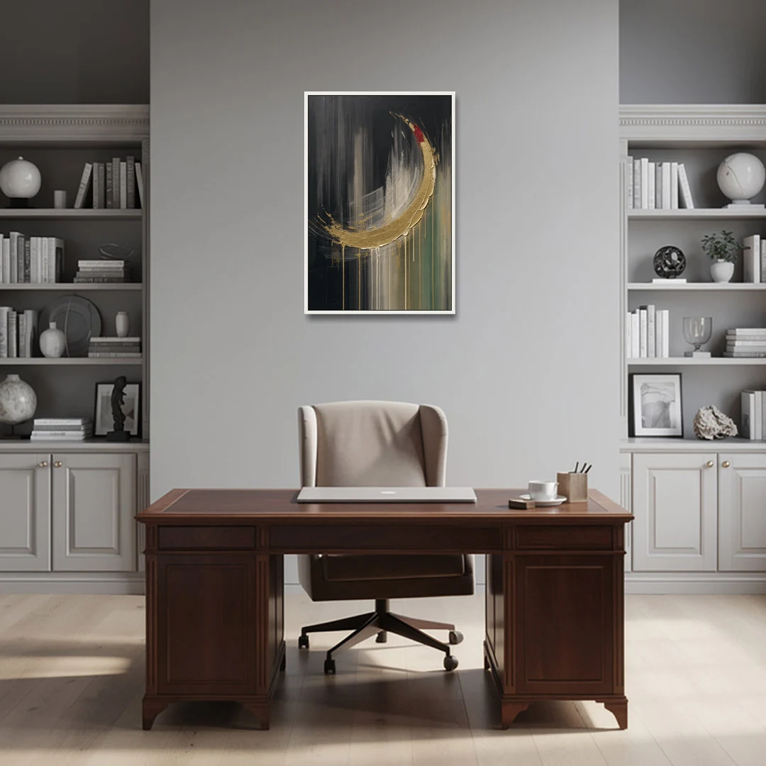 Gold Abstract Crimson-Tipped Crescent - White Framed Canvas Wall Art - Office - 24x36