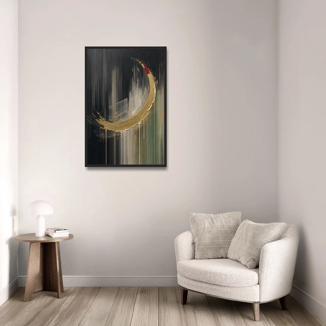 Gold Abstract Crimson-Tipped Crescent - Black Framed Canvas Wall Art - Sofa - 24x36