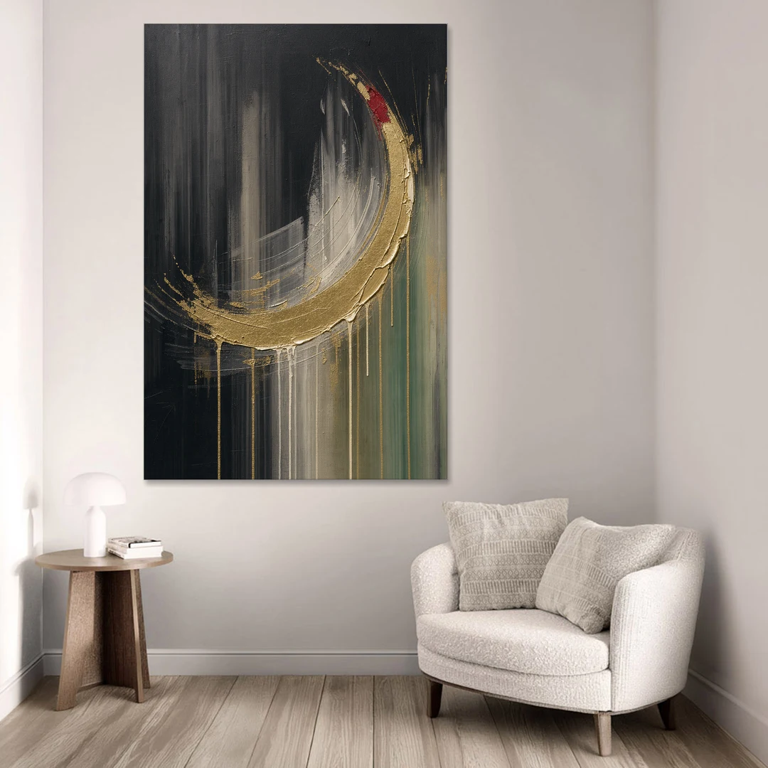 Gold Abstract Crimson-Tipped Crescent - Canvas Wall Art - Sofa - 40x60