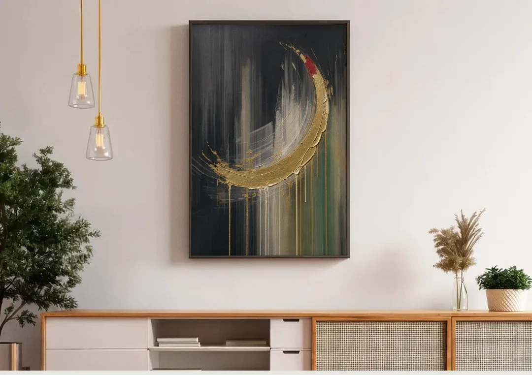 Gold Abstract Crimson-Tipped Crescent canvas wall art above a wooden sideboard under pendant lights