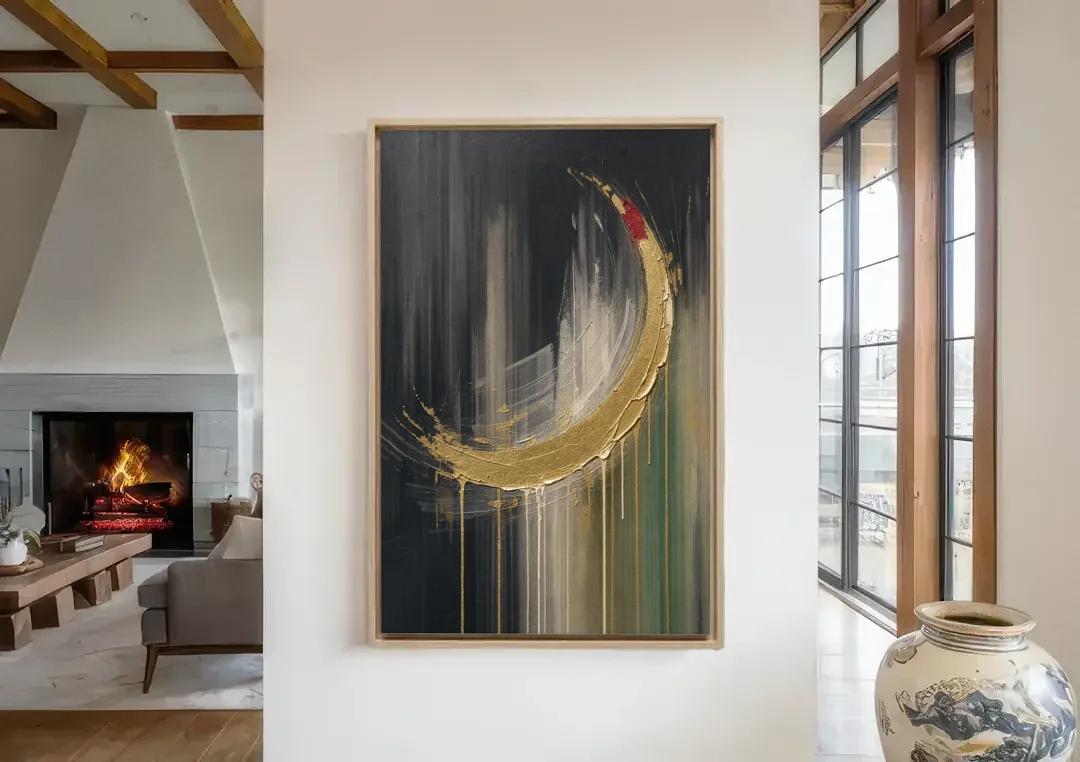 Gold Abstract Crimson-Tipped Crescent canvas wall art in a living room with a fireplace